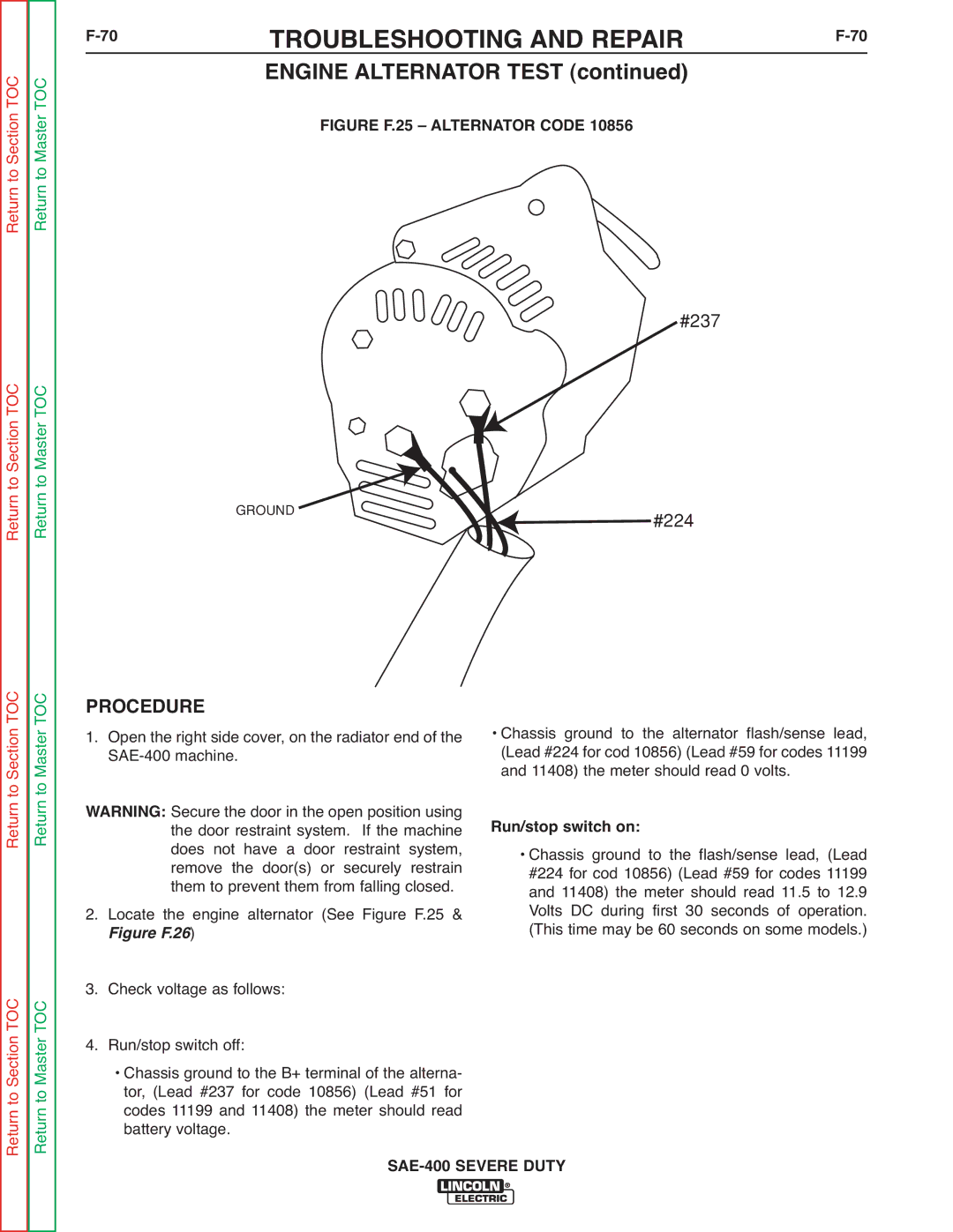 Lincoln Electric SVM187-A service manual Engine Alternator Test, Run/stop switch on 