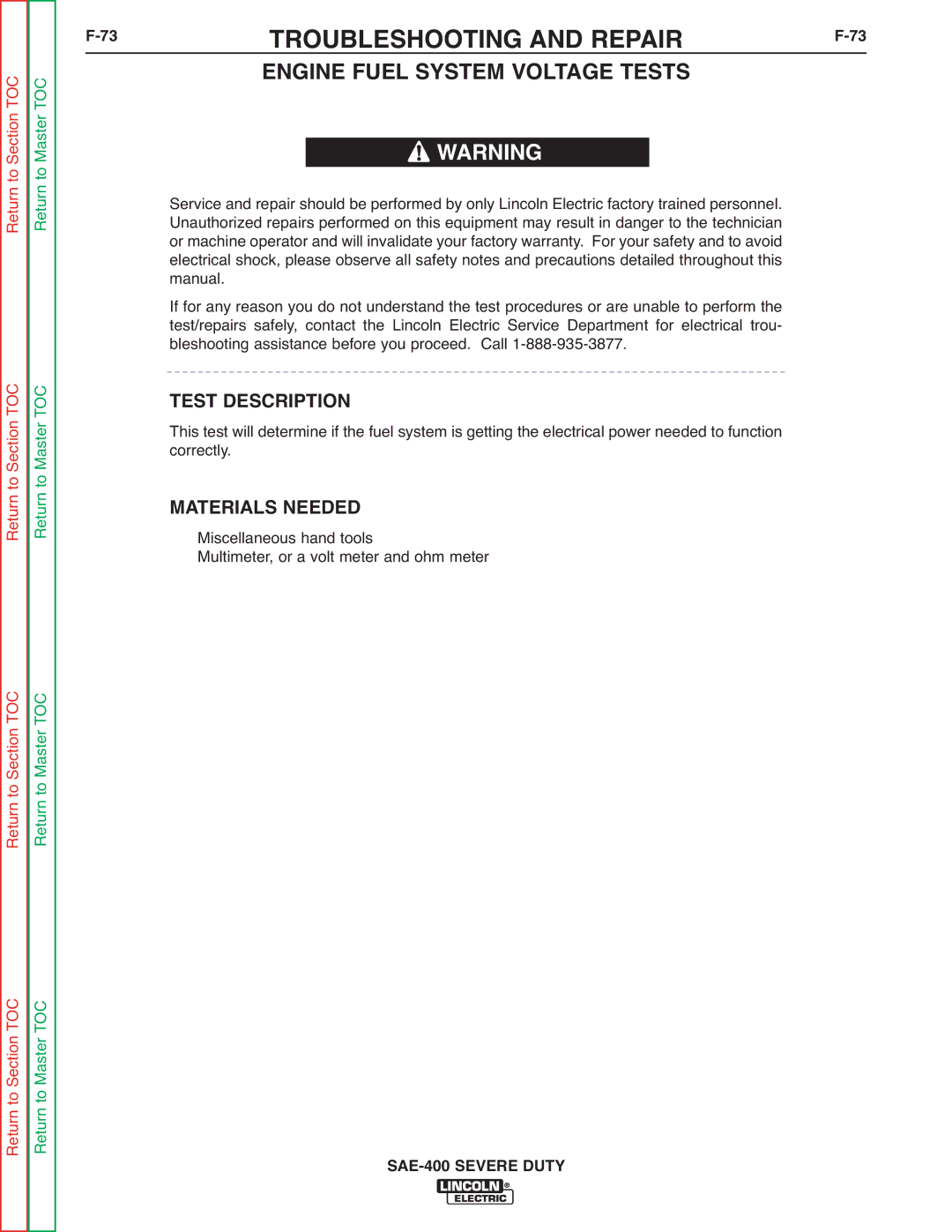 Lincoln Electric SVM187-A service manual Engine Fuel System Voltage Tests, Test Description 