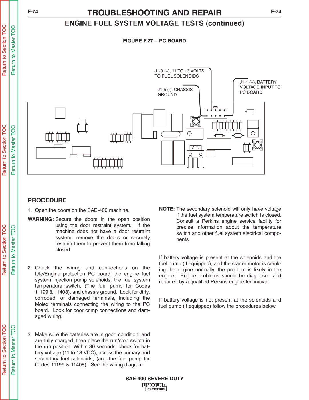 Lincoln Electric SVM187-A service manual Engine Fuel System Voltage Tests 