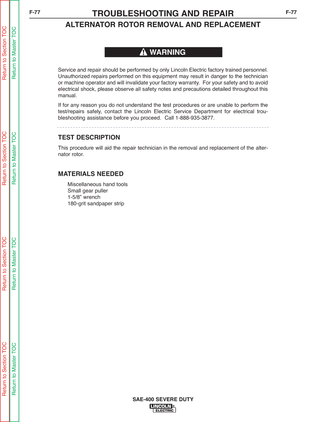 Lincoln Electric SVM187-A service manual Alternator Rotor Removal and Replacement, Test Description 