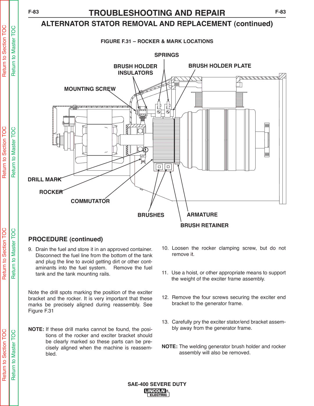 Lincoln Electric SVM187-A service manual Alternator Stator Removal and Replacement, Figure F.31 Rocker & Mark Locations 