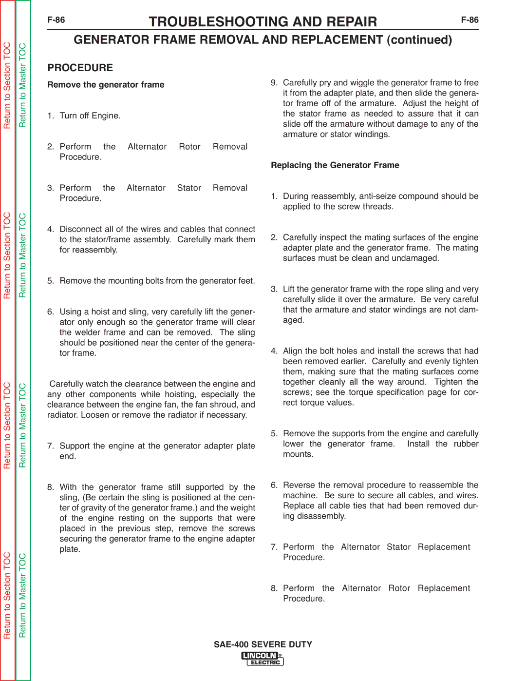 Lincoln Electric SVM187-A service manual Generator Frame Removal and Replacement, Remove the generator frame 