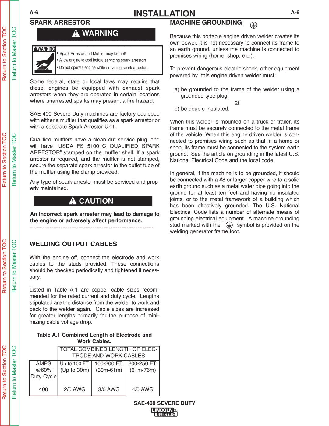 Lincoln Electric SVM187-A service manual Spark Arrestor Machine Grounding, Welding Output Cables 