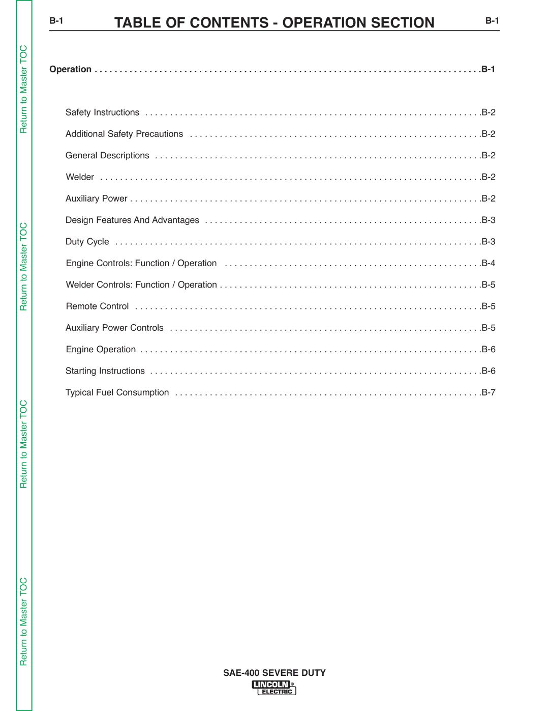 Lincoln Electric SVM187-A service manual Table of Contents Operation Section 