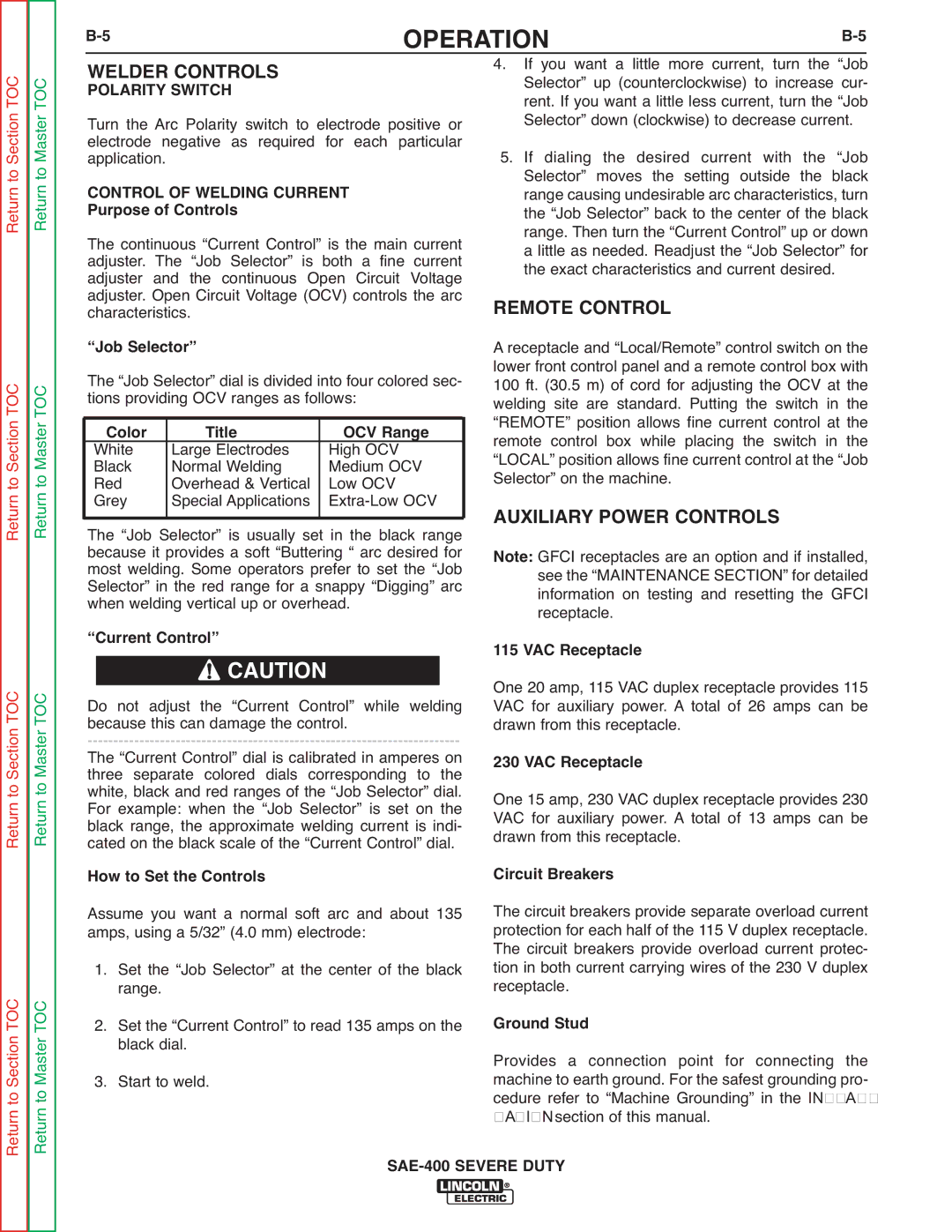 Lincoln Electric SVM187-A service manual Welder Controls, Remote Control, Auxiliary Power Controls, Polarity Switch 