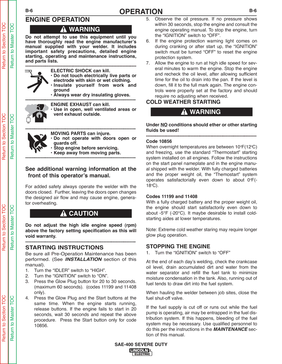 Lincoln Electric SVM187-A Engine Operation, Cold Weather Starting, Starting Instructions, Stopping the Engine 
