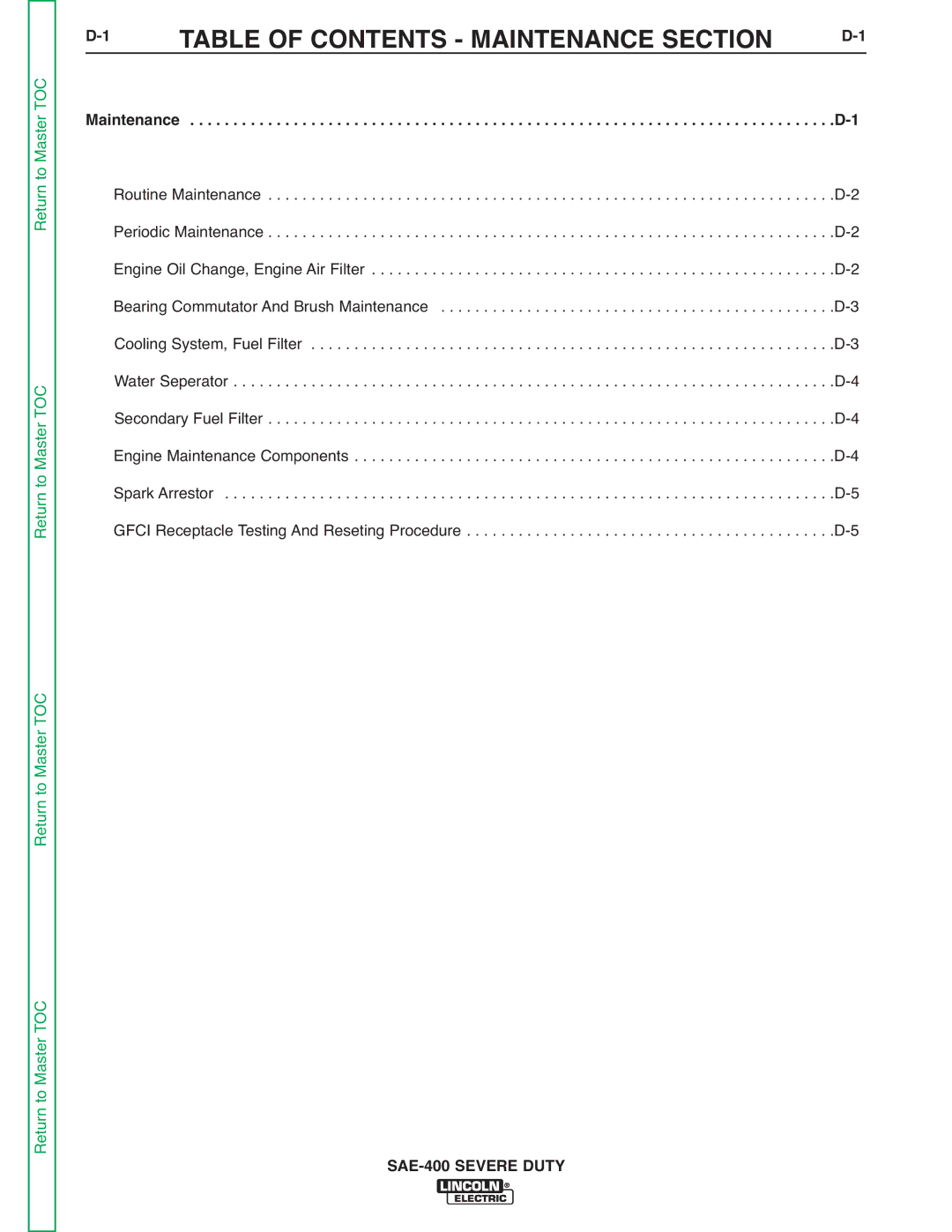 Lincoln Electric SVM187-A service manual Table of Contents Maintenance Section 