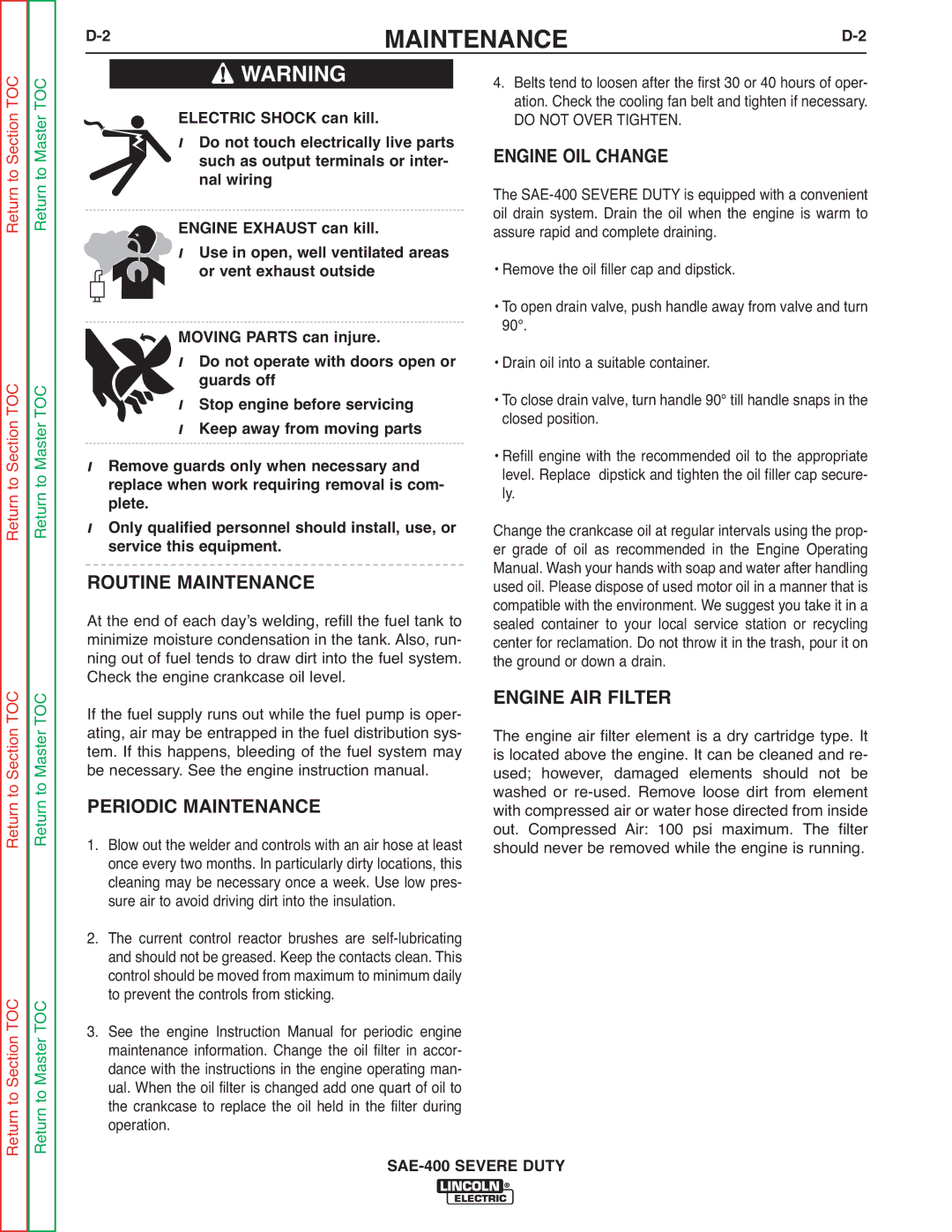 Lincoln Electric SVM187-A Engine OIL Change, Routine Maintenance, Periodic Maintenance, Engine AIR Filter 