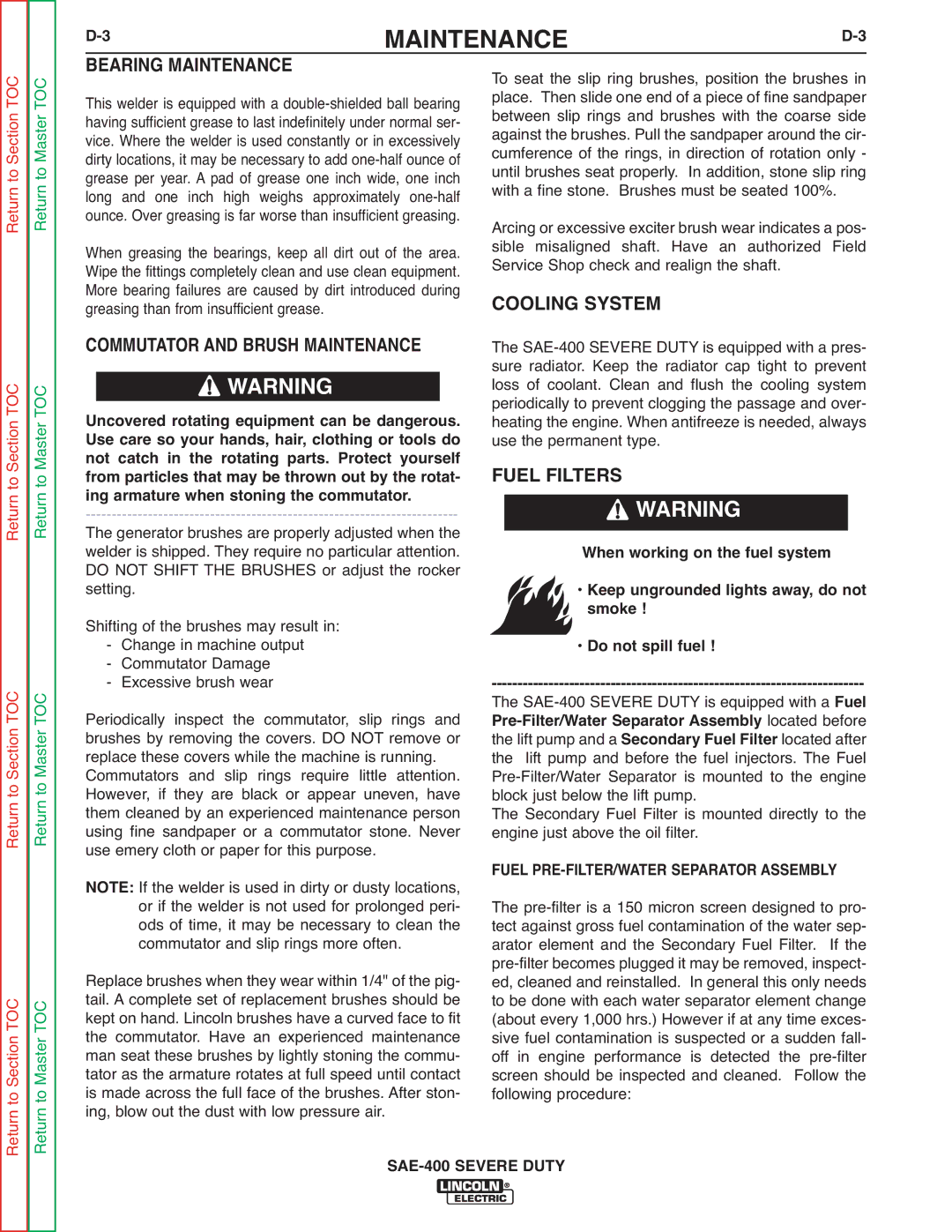 Lincoln Electric SVM187-A Bearing Maintenance, Cooling System, Fuel Filters, Fuel PRE-FILTER/WATER Separator Assembly 