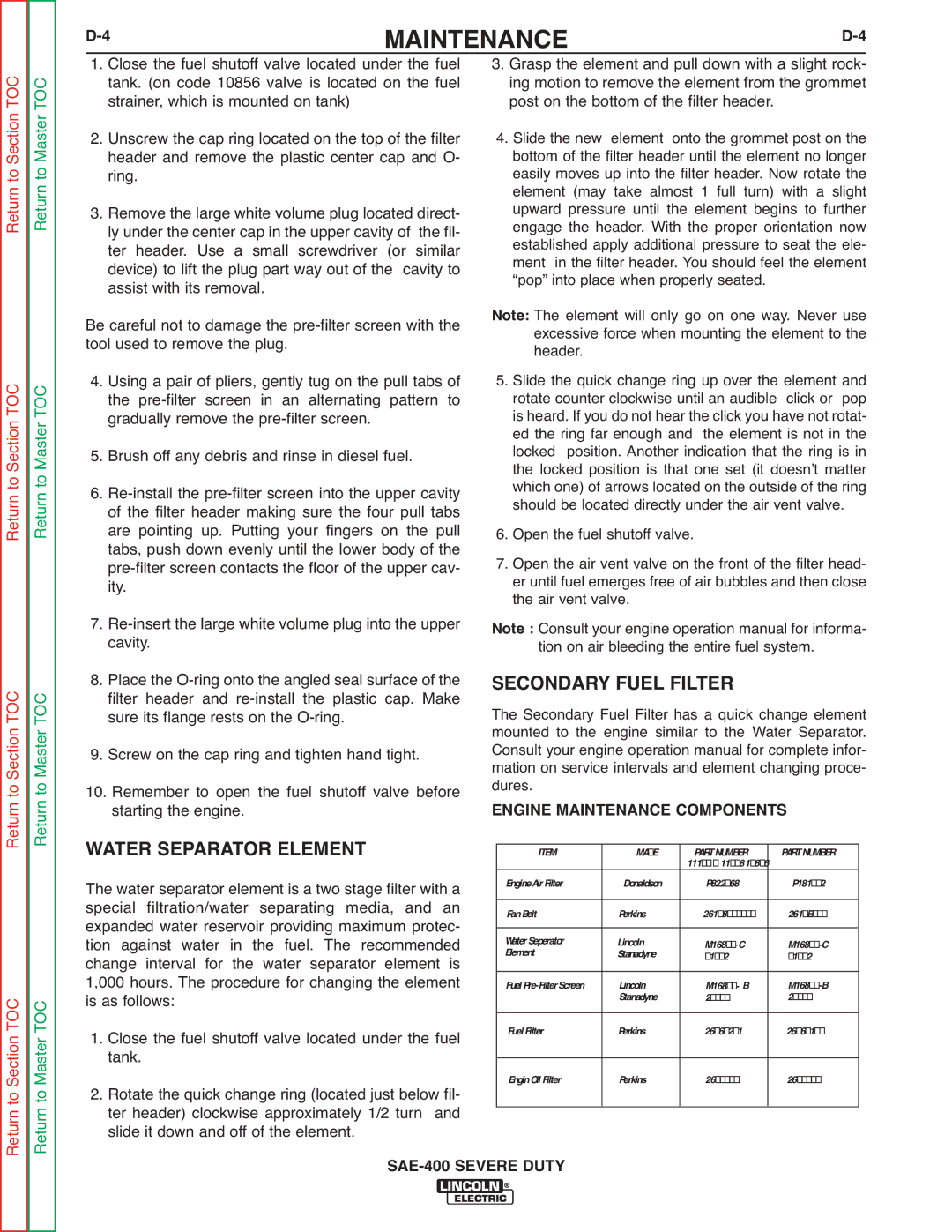 Lincoln Electric SVM187-A service manual Water Separator Element, Secondary Fuel Filter, Engine Maintenance Components 