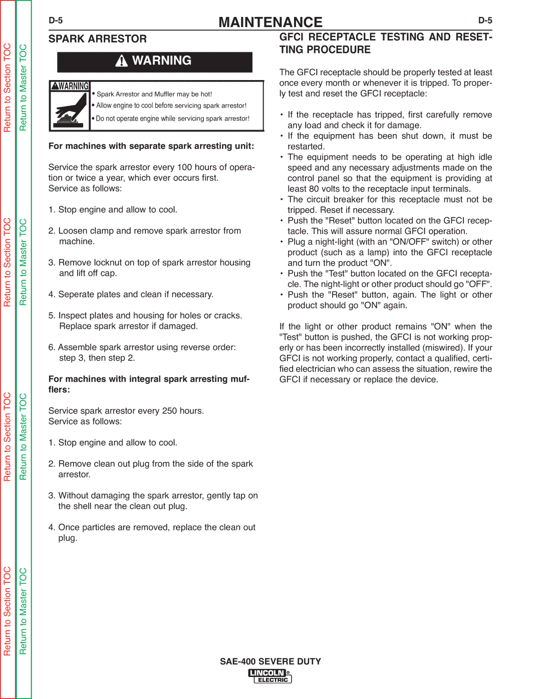 Lincoln Electric SVM187-A service manual Spark Arrestor, Ting Procedure, For machines with separate spark arresting unit 