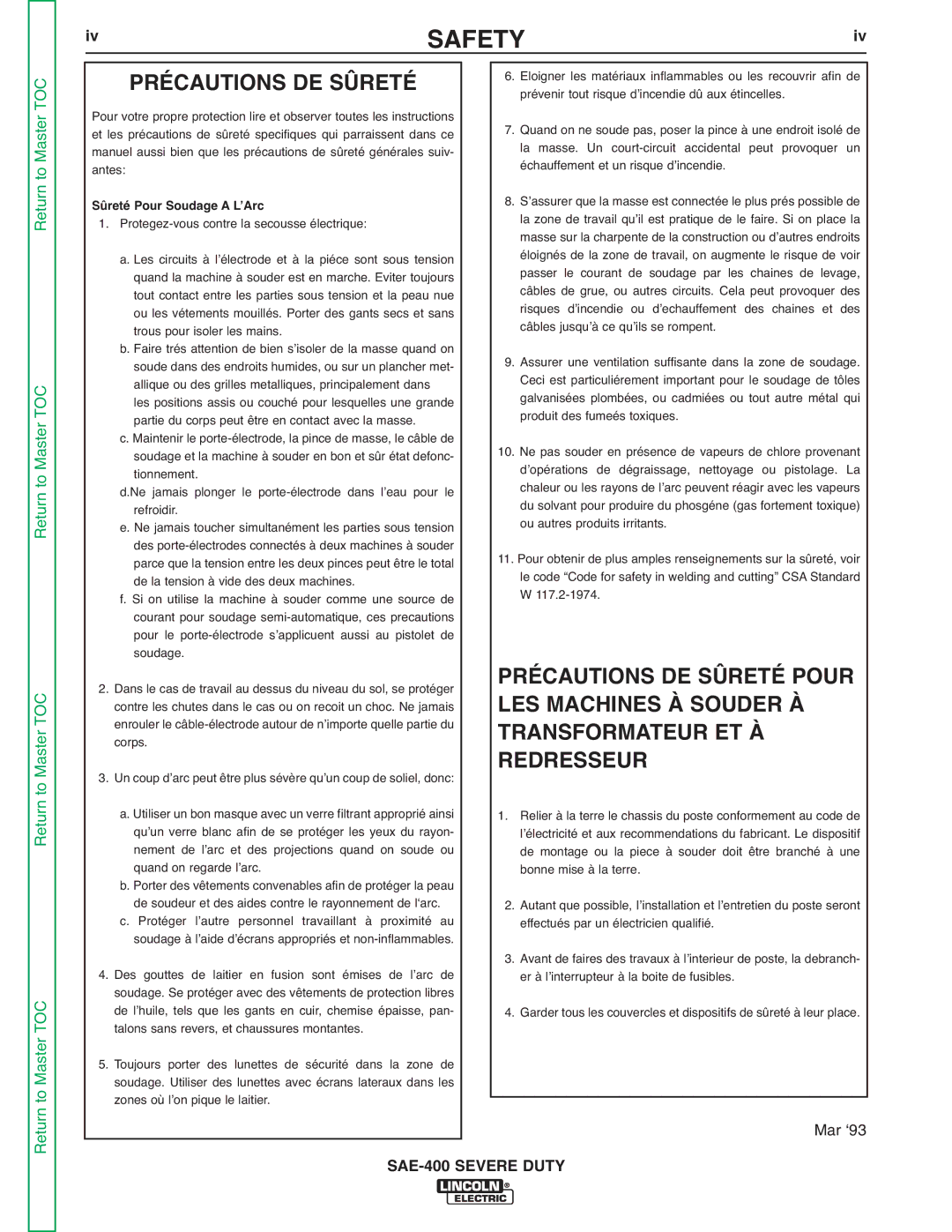 Lincoln Electric SVM187-A service manual Précautions DE Sûreté, Sûreté Pour Soudage a LʼArc 