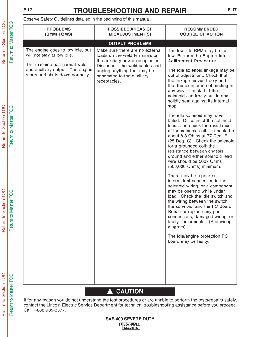 Lincoln Electric SVM187-A service manual Low idle RPM may be too low. Perform the Engine Idle 