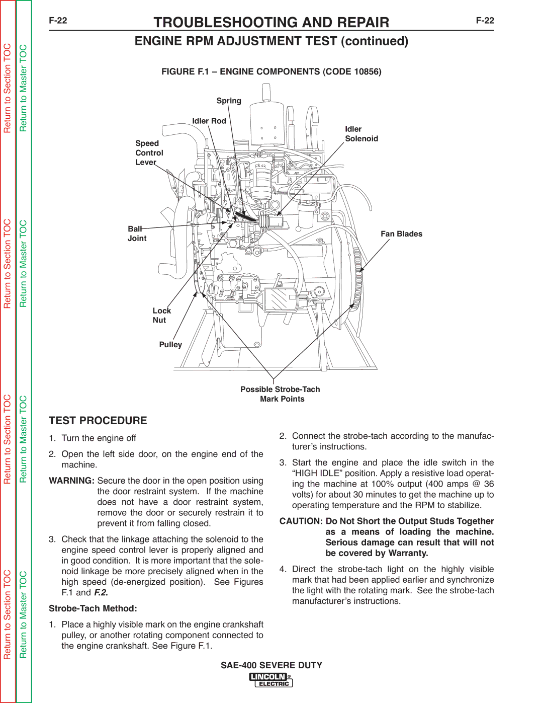 Lincoln Electric SVM187-A service manual Engine RPM Adjustment Test, Test Procedure, Strobe-Tach Method 
