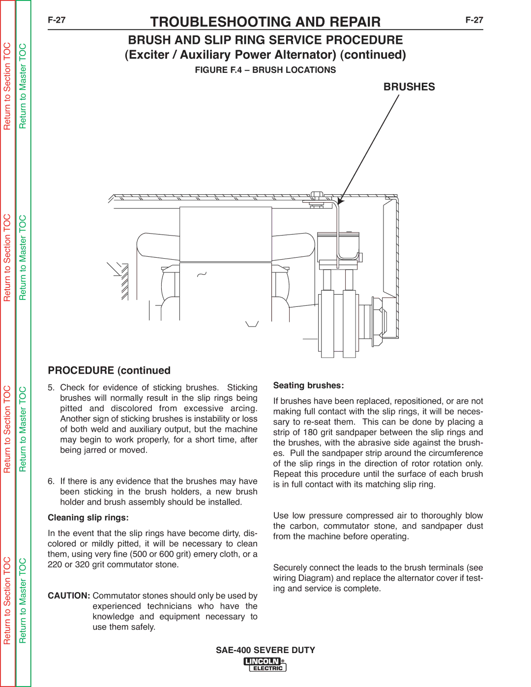 Lincoln Electric SVM187-A service manual Brushes, Cleaning slip rings, Seating brushes 