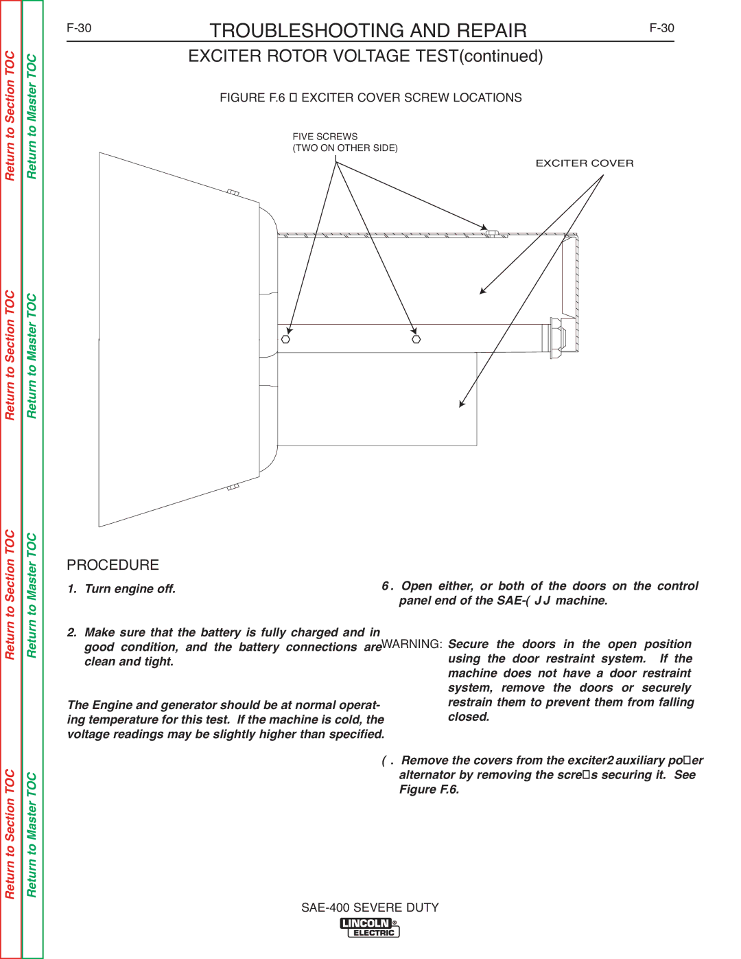 Lincoln Electric SVM187-A service manual Exciter Rotor Voltage Test, Figure F.6 Exciter Cover Screw Locations 