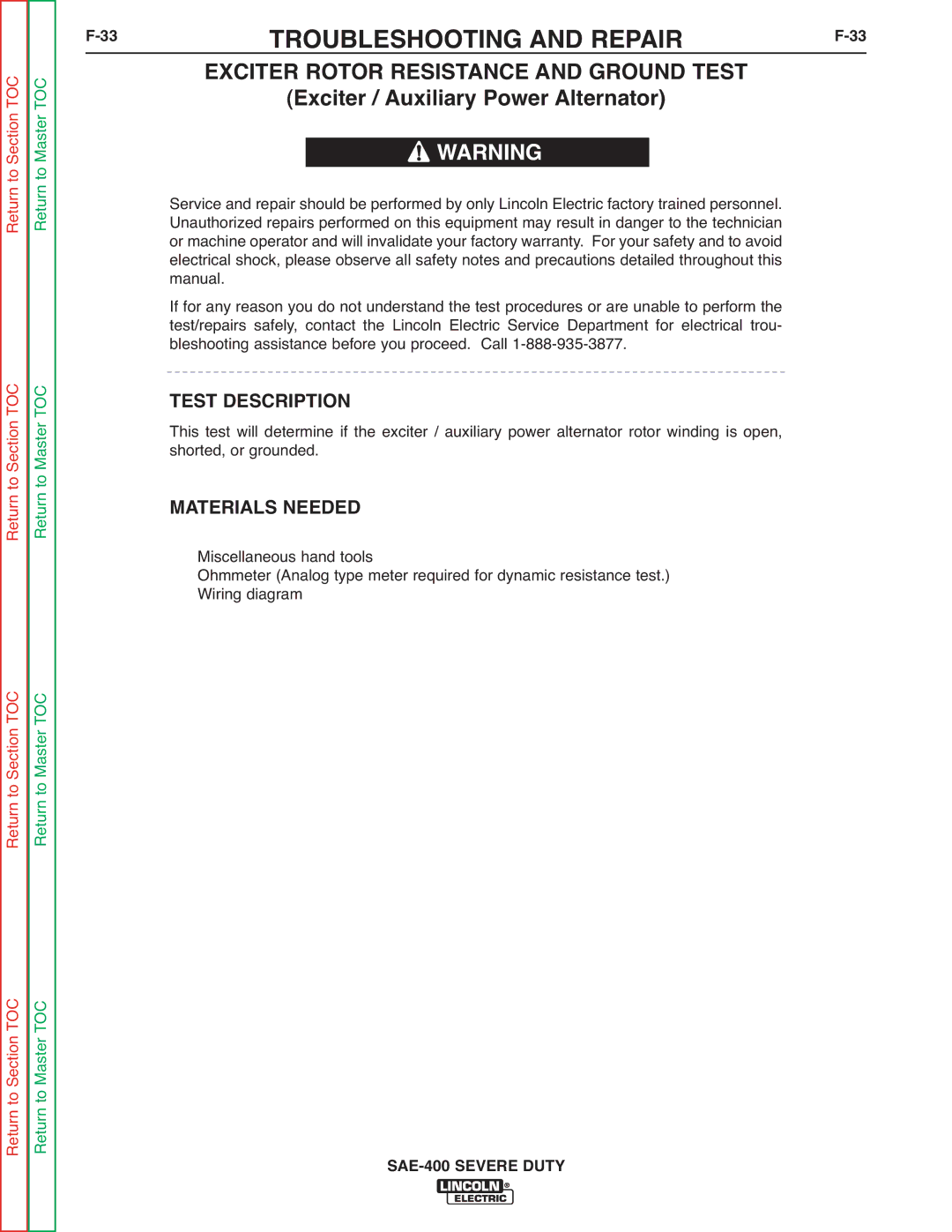 Lincoln Electric SVM187-A service manual Exciter Rotor Resistance and Ground Test, Exciter / Auxiliary Power Alternator 