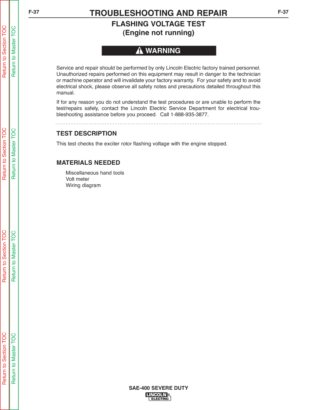 Lincoln Electric SVM187-A service manual Flashing Voltage Test, Engine not running 