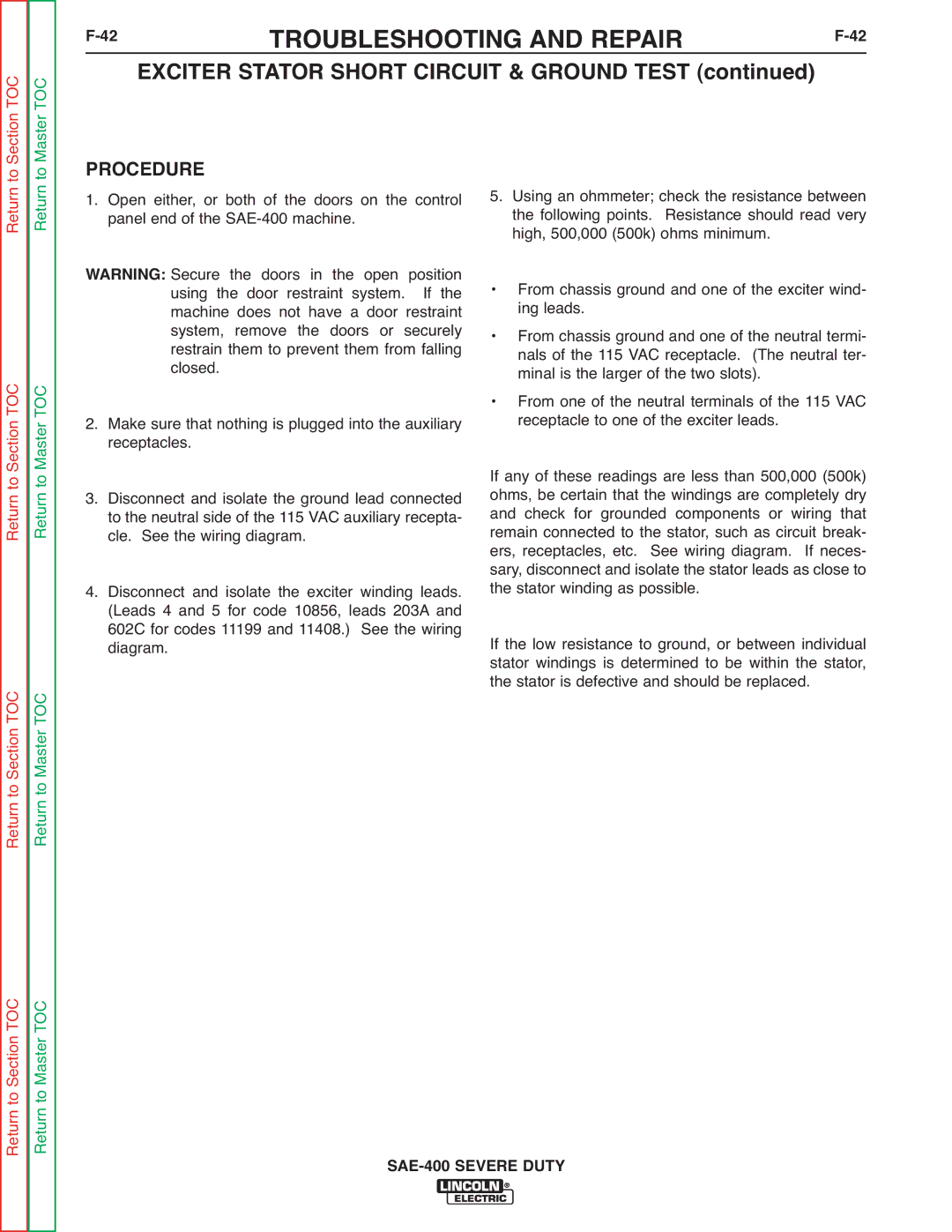 Lincoln Electric SVM187-A service manual Exciter Stator Short Circuit & Ground Test 