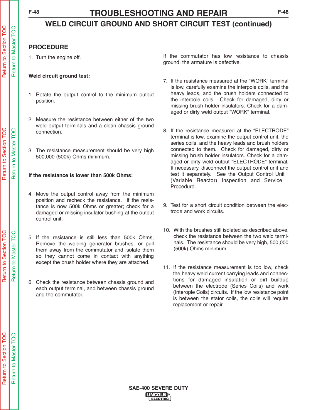 Lincoln Electric SVM187-A service manual Weld circuit ground test, If the resistance is lower than 500k Ohms 