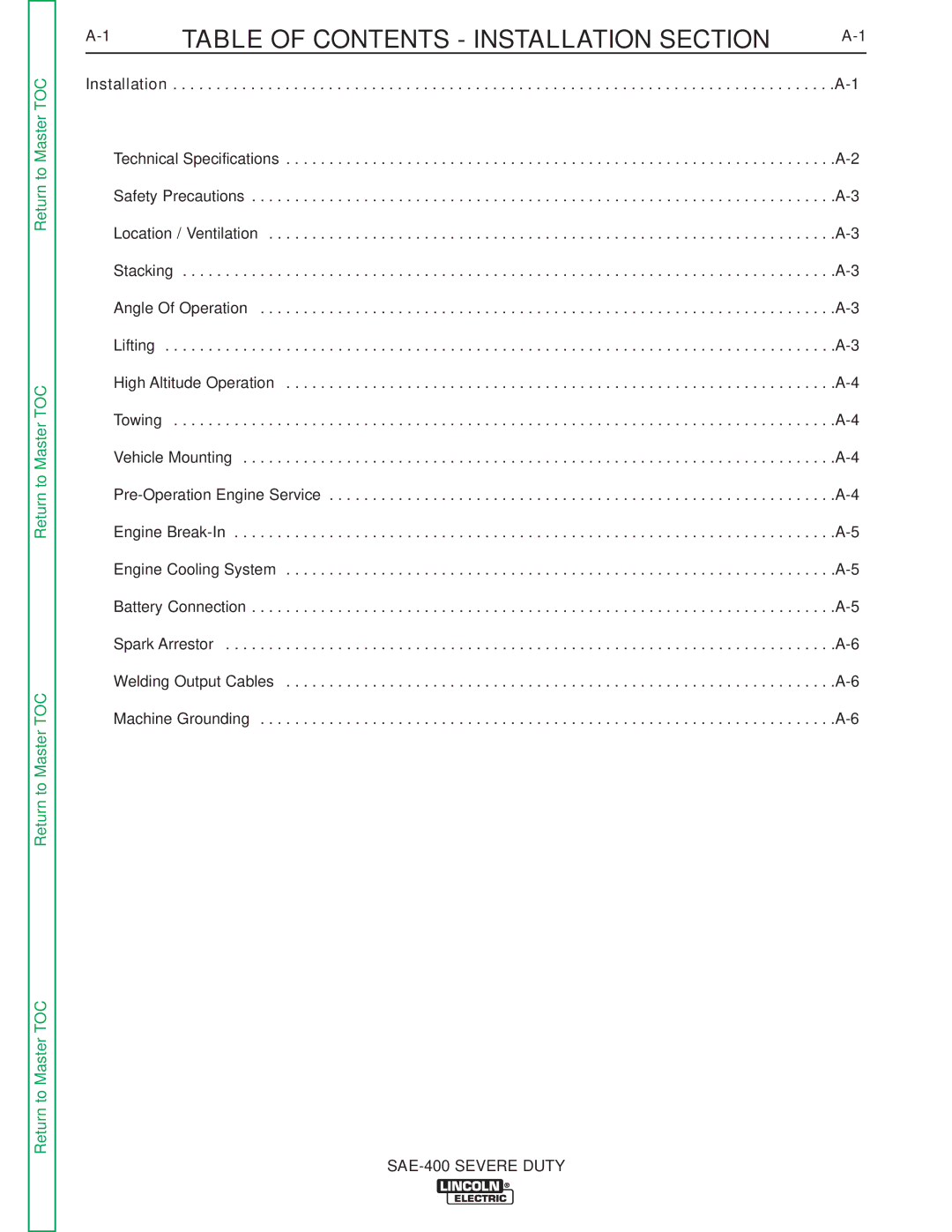 Lincoln Electric SVM187-A service manual Table of Contents Installation Section 