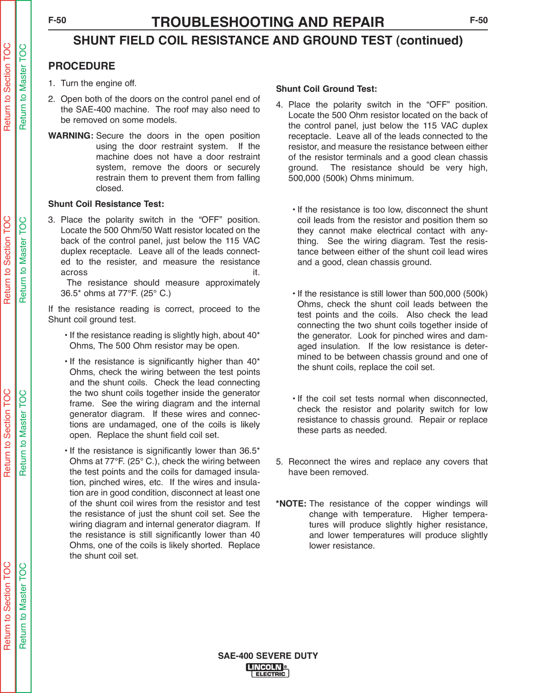 Lincoln Electric SVM187-A Shunt Field Coil Resistance and Ground Test, Shunt Coil Resistance Test, Shunt Coil Ground Test 