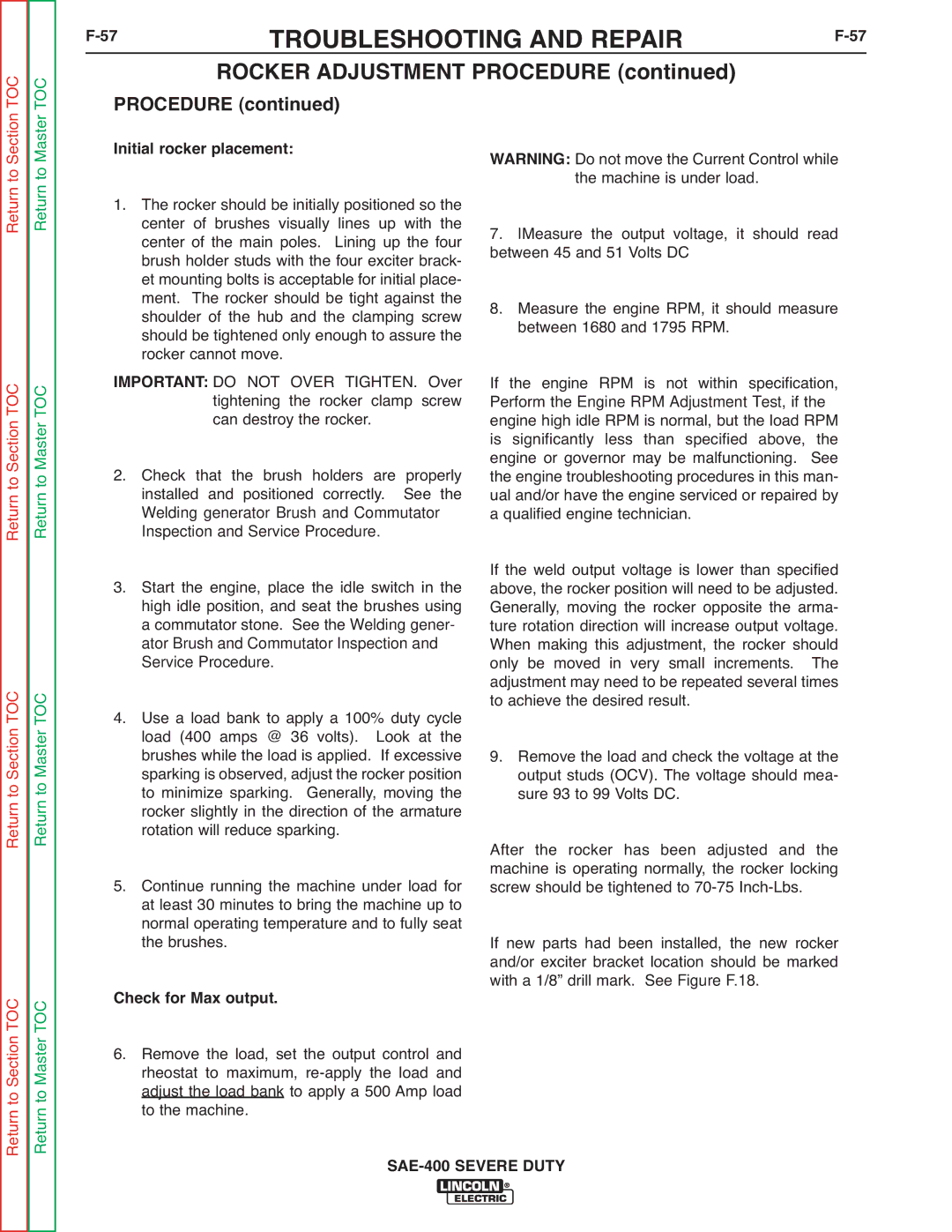 Lincoln Electric SVM187-A service manual Rocker Adjustment Procedure, Initial rocker placement, Check for Max output 