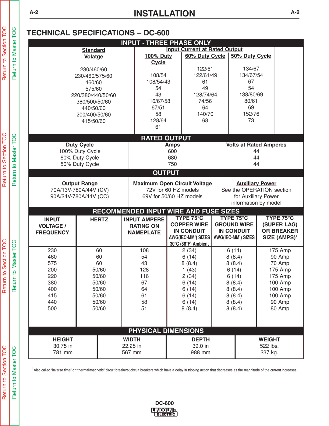 Lincoln Electric SVM188-A service manual Installation, Technical Specifications DC-600 