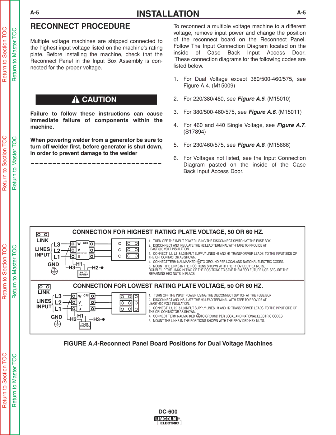 Lincoln Electric SVM188-A service manual Reconnect Procedure, Connection for Highest Rating Plate VOLTAGE, 50 or 60 HZ 