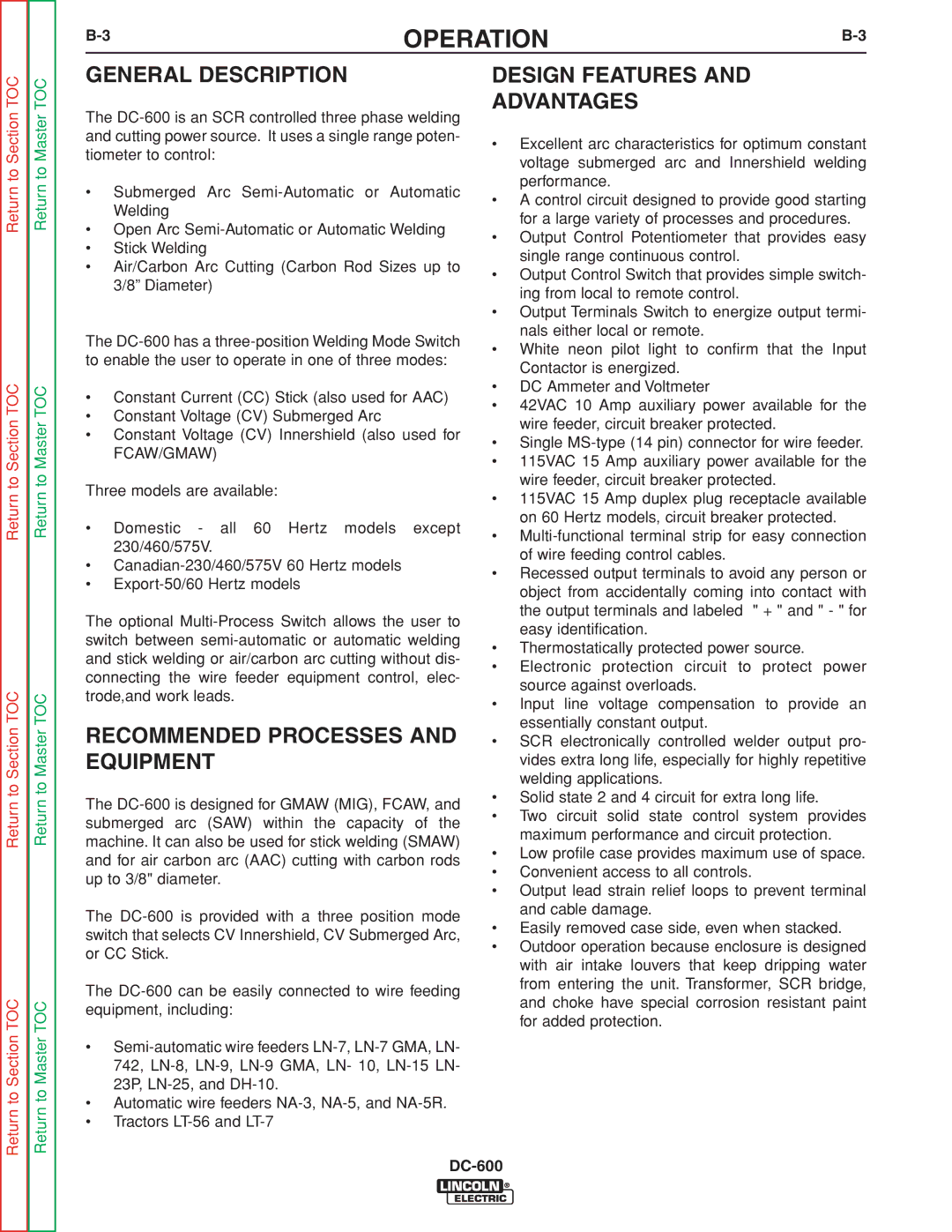 Lincoln Electric SVM188-A General Description, Recommended Processes and Equipment, Design Features Advantages 