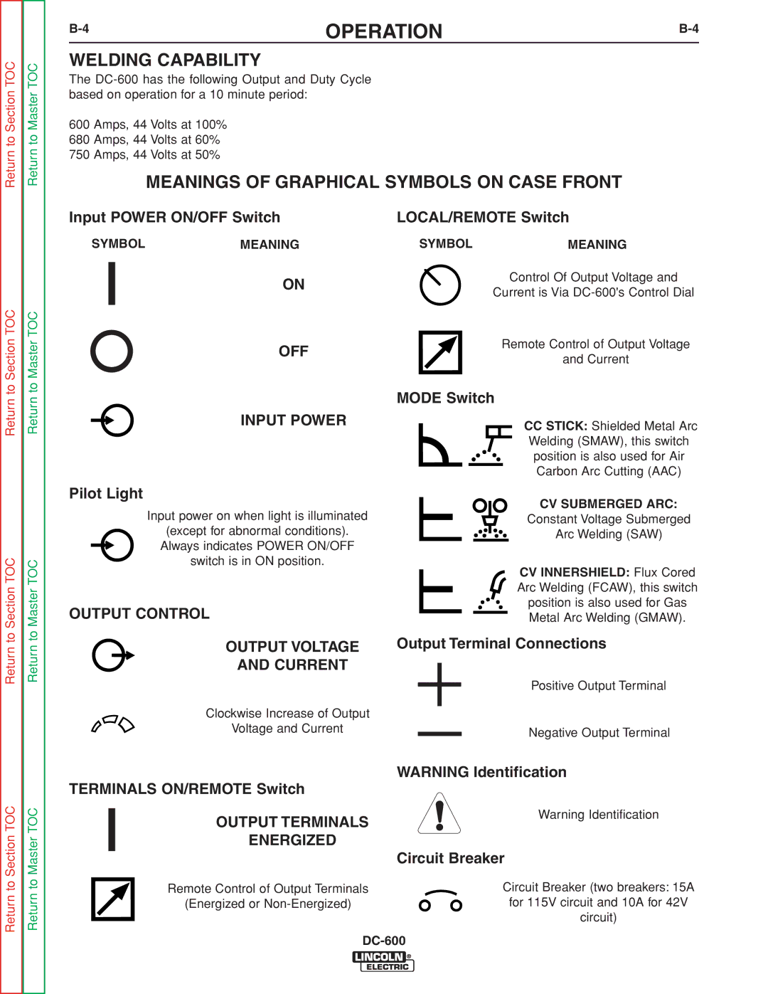 Lincoln Electric SVM188-A service manual Welding Capability, Meanings of Graphical Symbols on Case Front, OFF Input Power 