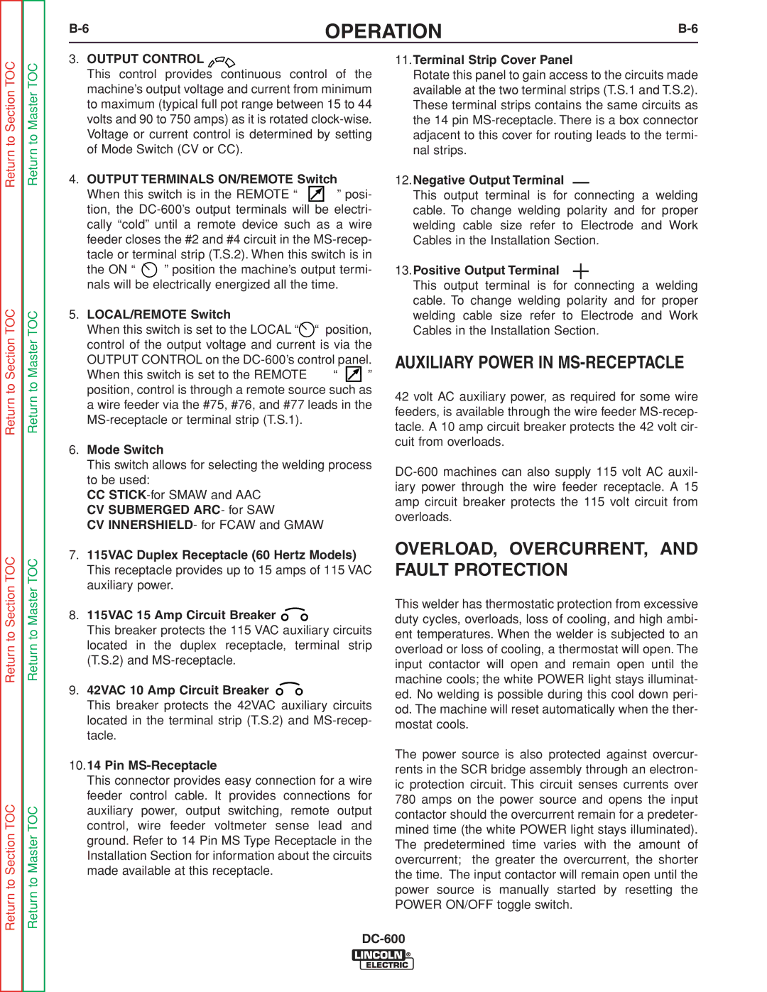 Lincoln Electric SVM188-A service manual Auxiliary Power in MS-RECEPTACLE, OVERLOAD, OVERCURRENT, and Fault Protection 