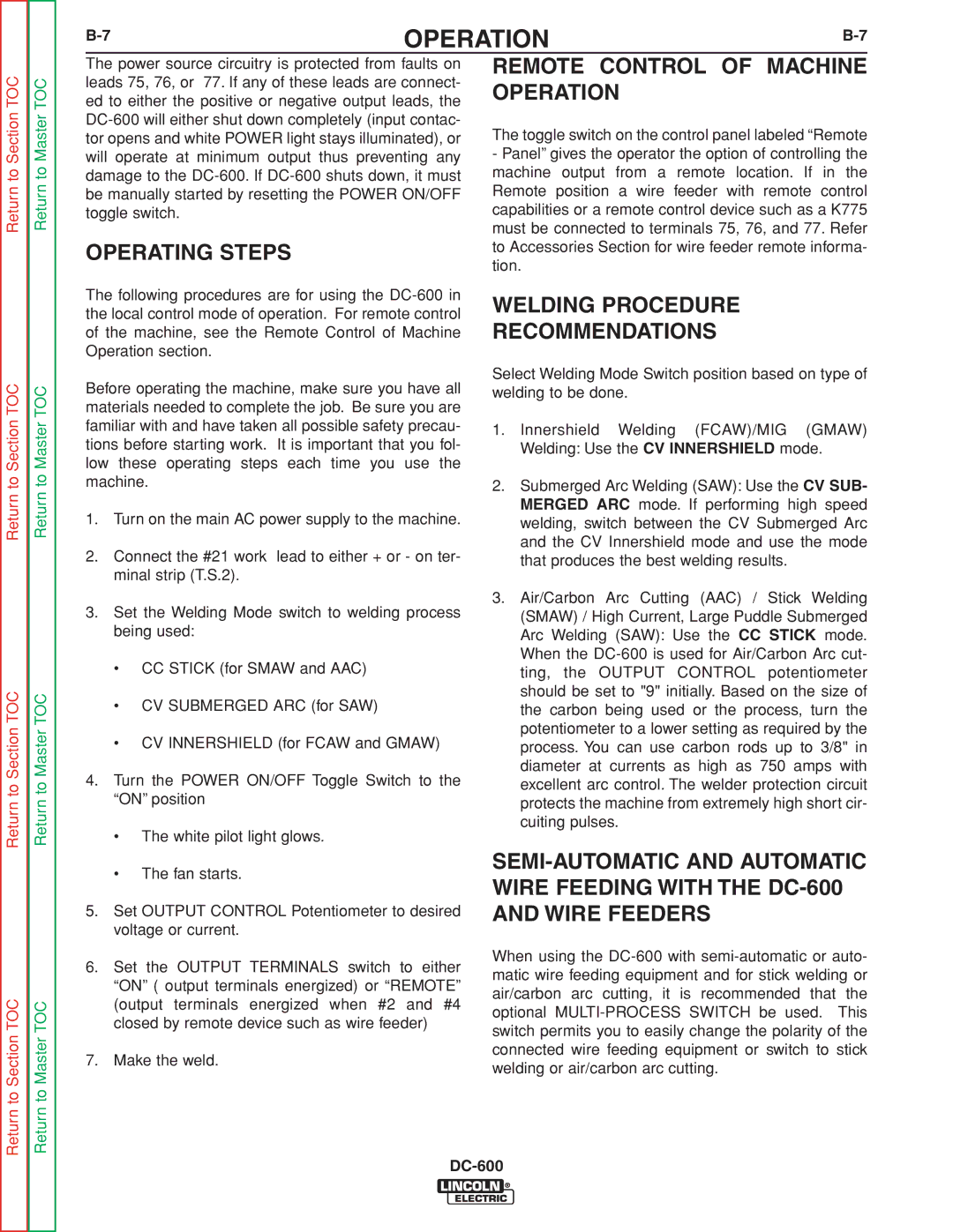 Lincoln Electric SVM188-A Operating Steps, Remote Control of Machine Operation, Welding Procedure Recommendations 