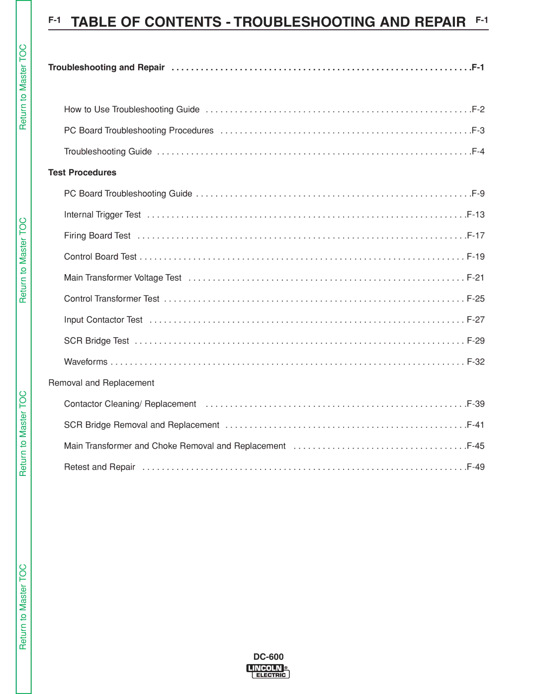 Lincoln Electric SVM188-A service manual 1TABLE of Contents Troubleshooting and Repair F-1 