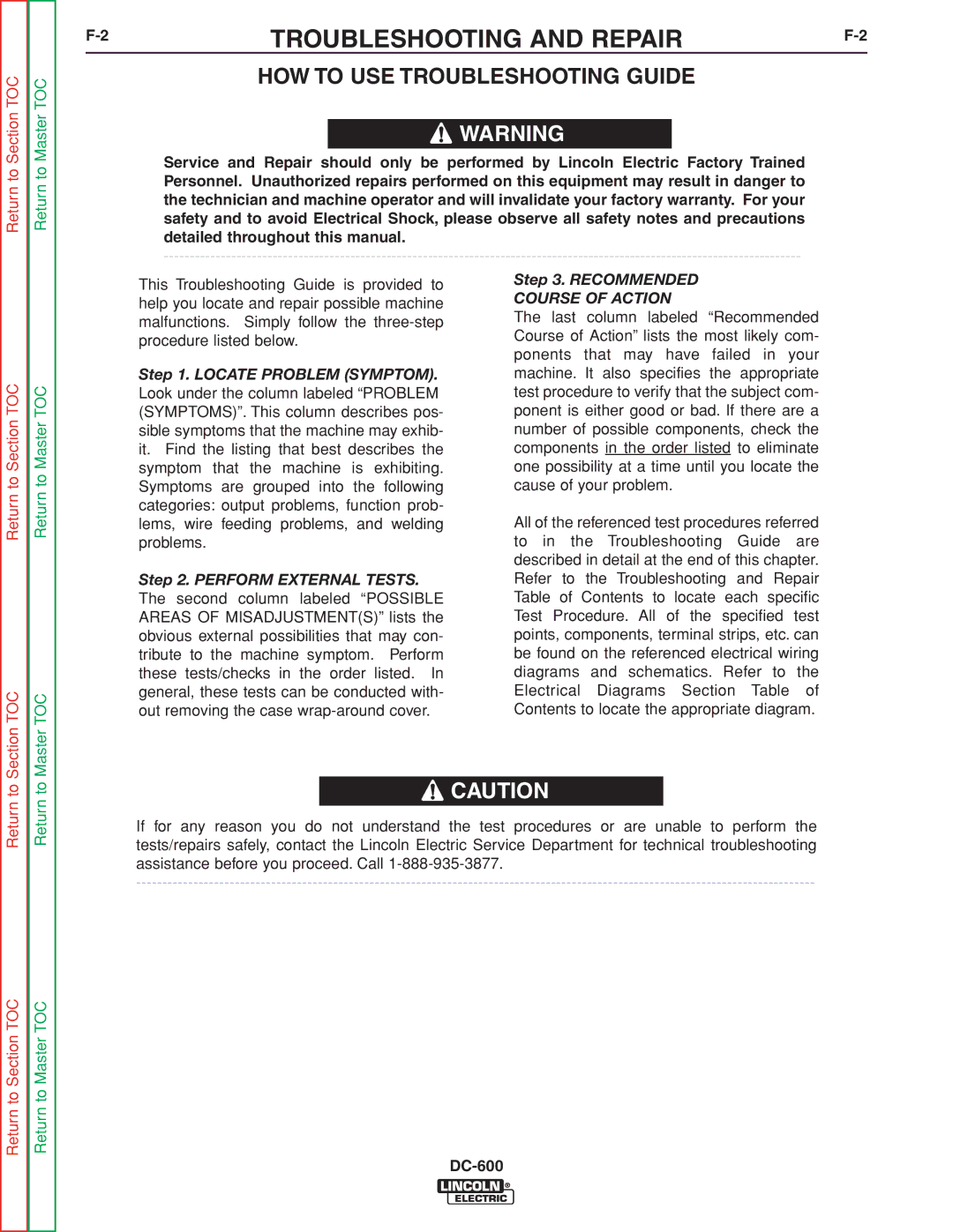 Lincoln Electric SVM188-A service manual 2TROUBLESHOOTING and REPAIRF-2, HOW to USE Troubleshooting Guide 