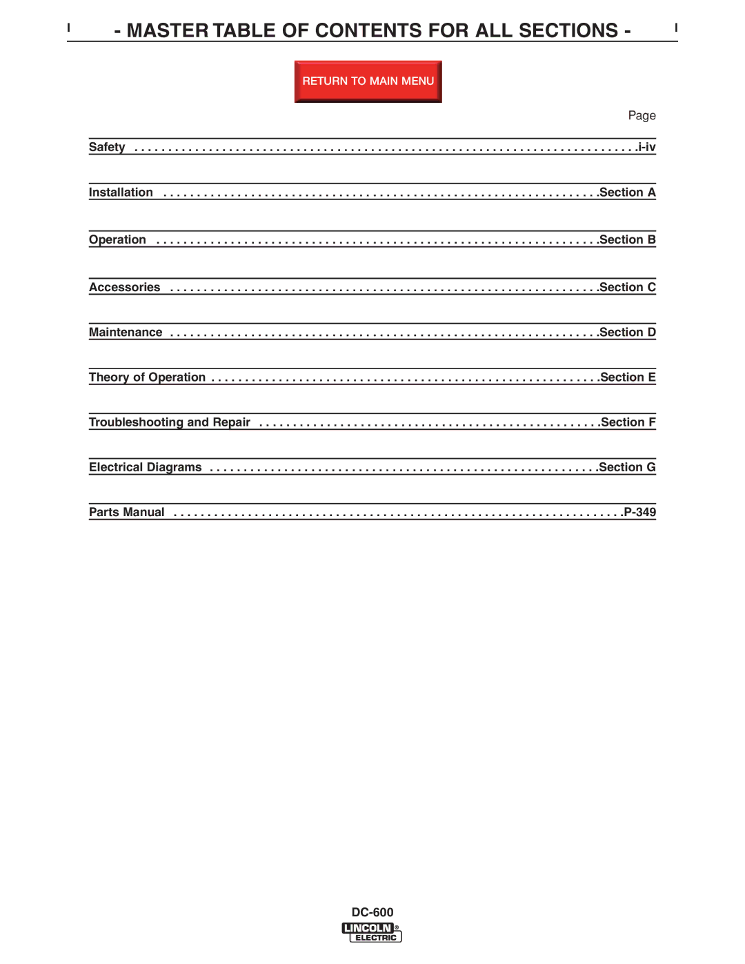 Lincoln Electric SVM188-A service manual Master Table of Contents for ALL Sections 