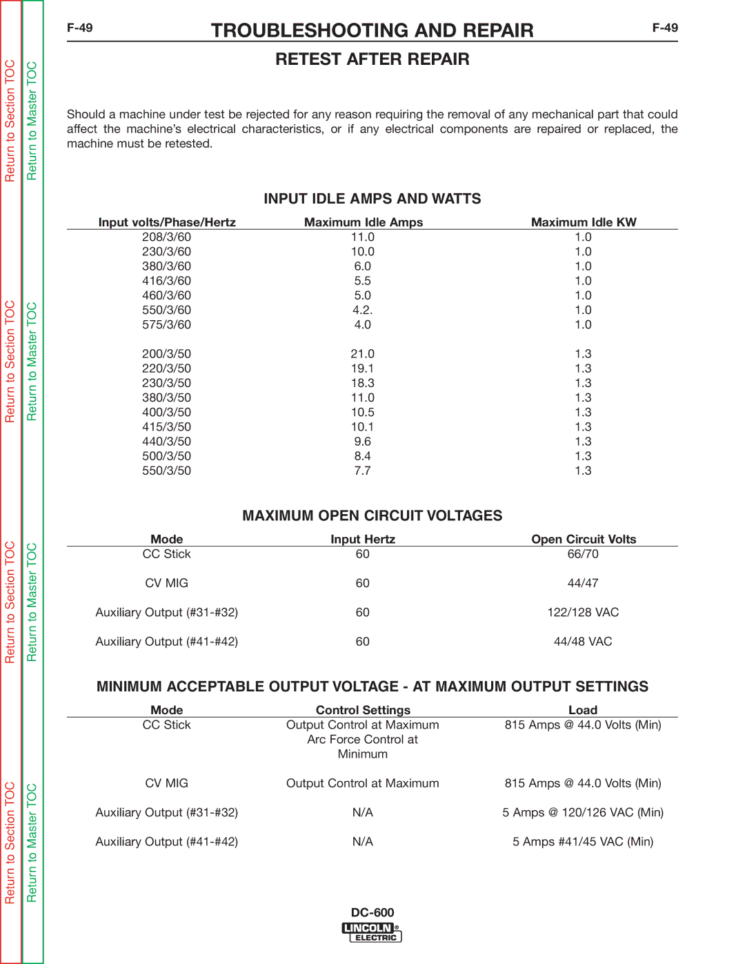 Lincoln Electric SVM188-A service manual Input Idle Amps and Watts, Maximum Open Circuit Voltages 