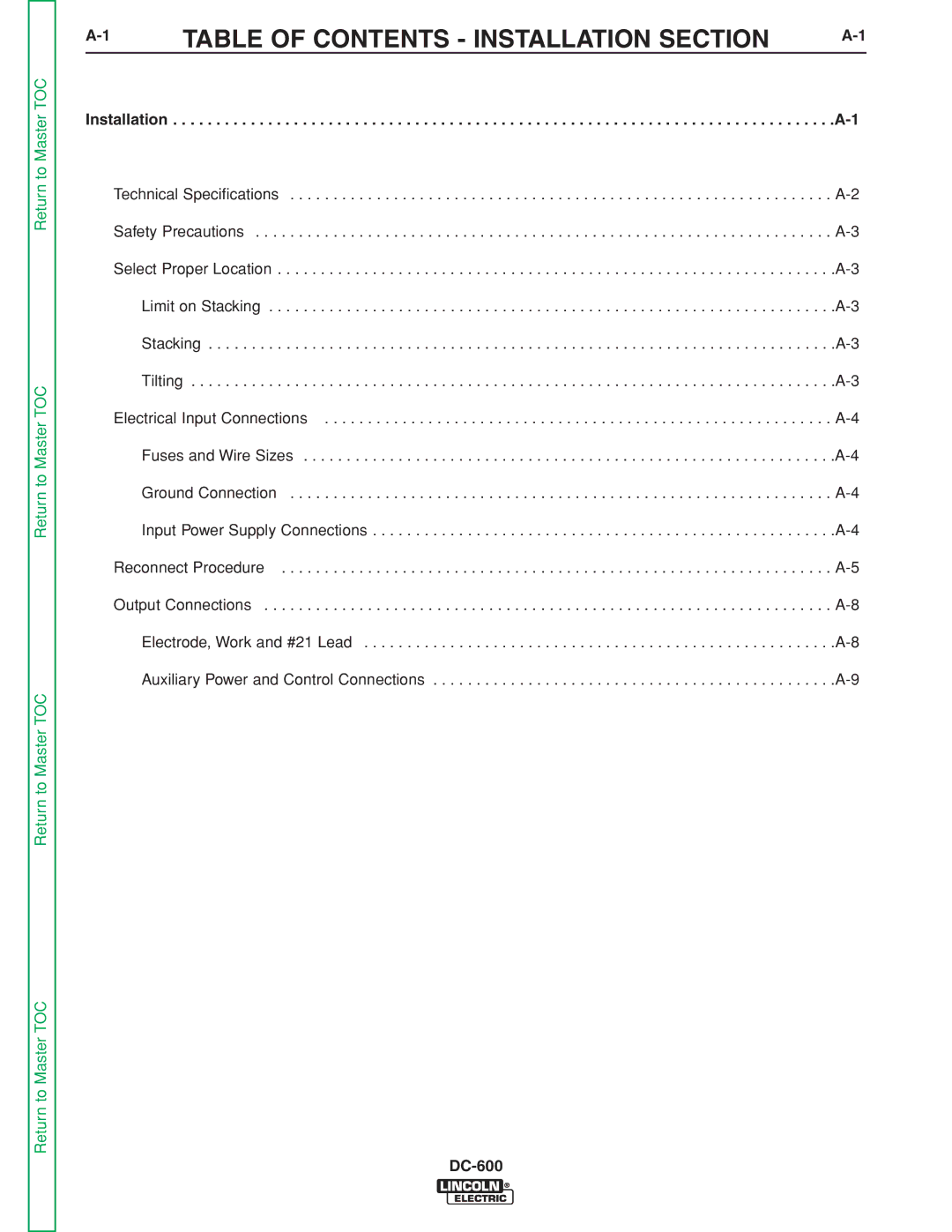 Lincoln Electric SVM188-A service manual Table of Contents Installation Section 