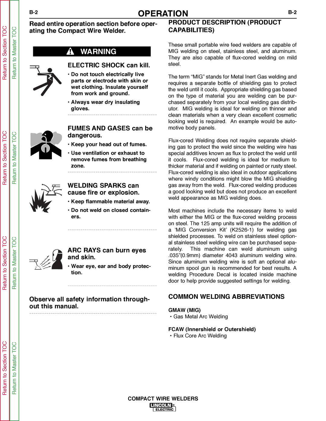 Lincoln Electric SVM189-B service manual Operation, Product Description Product Capabilities, Common Welding Abbreviations 