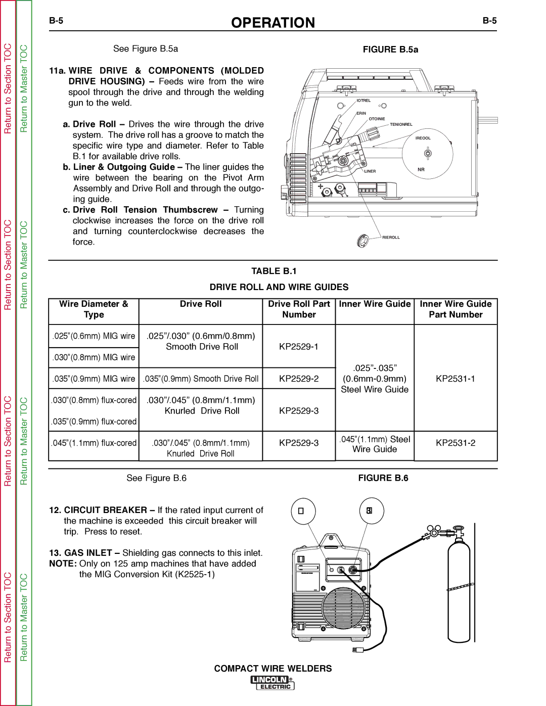 Lincoln Electric SVM189-B service manual Wire Diameter Drive Roll Drive Roll Part Inner Wire Guide, Number Part Number 