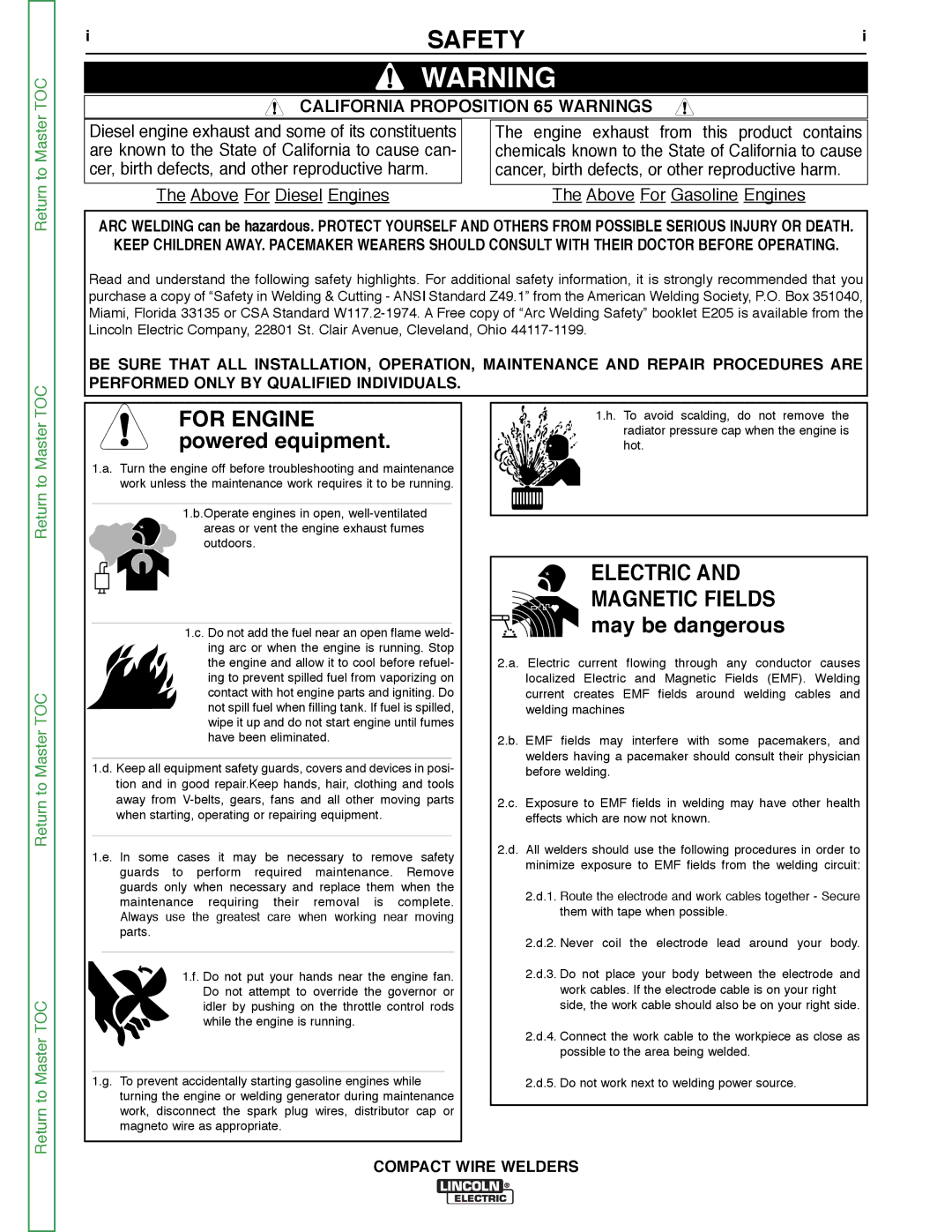 Lincoln Electric SVM189-B service manual Safety, California Proposition 65 Warnings 