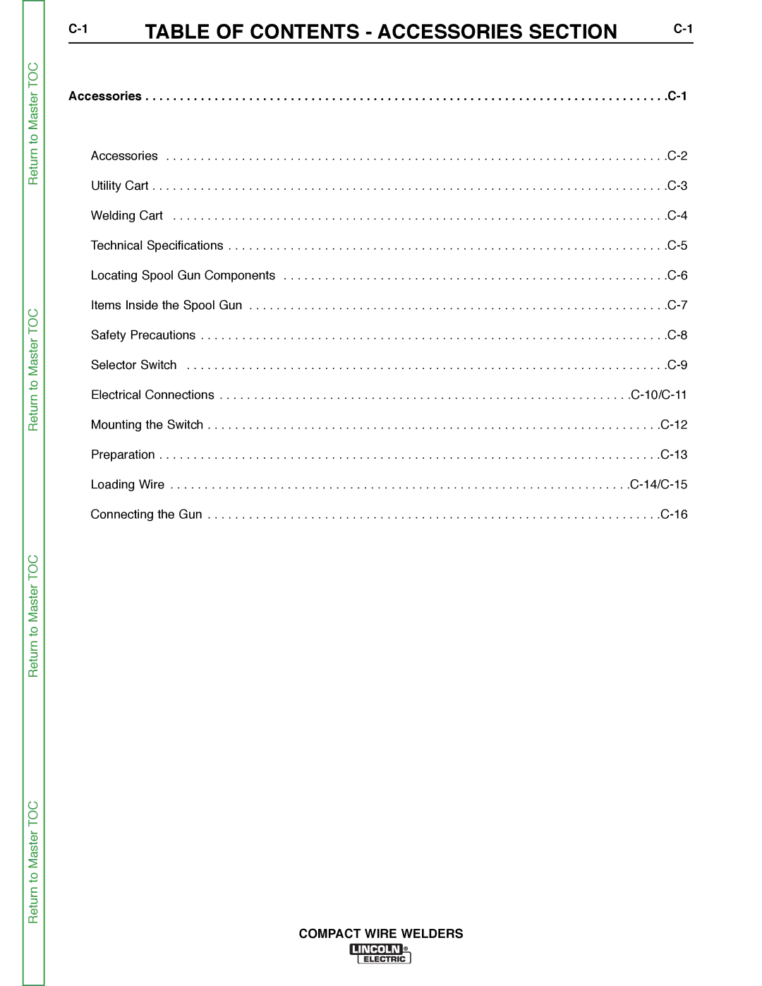 Lincoln Electric SVM189-B service manual Table of Contents Accessories Section 