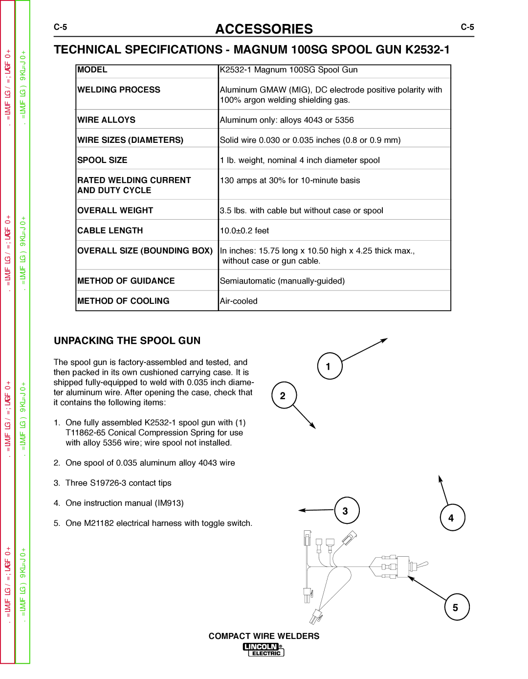 Lincoln Electric SVM189-B service manual Technical Specifications Magnum 100SG Spool GUN K2532-1, Unpacking the Spool GUN 