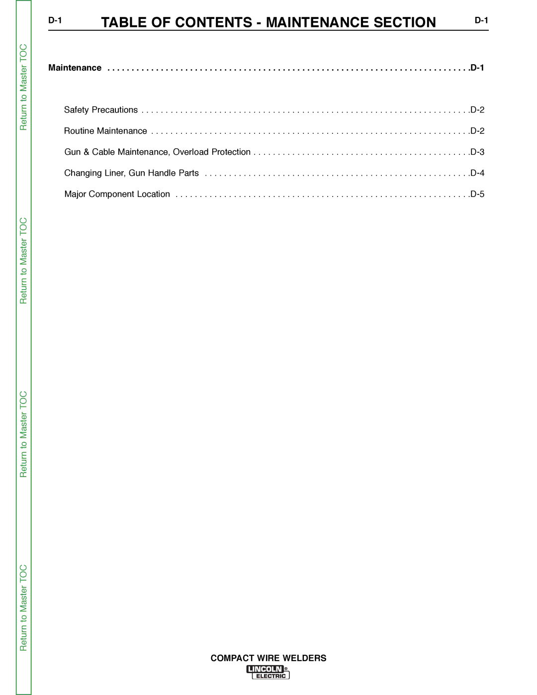 Lincoln Electric SVM189-B service manual Table of Contents Maintenance Section 