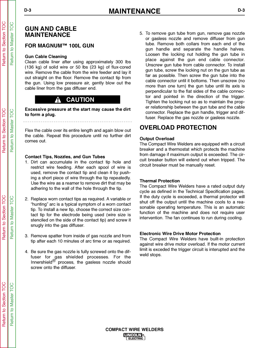 Lincoln Electric SVM189-B service manual GUN and Cable Maintenance, Overload Protection, For Magnum 100L GUN 