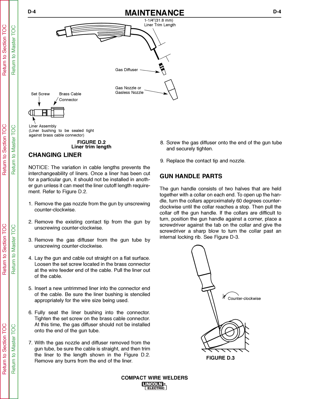 Lincoln Electric SVM189-B service manual Changing Liner, GUN Handle Parts, Liner trim length 