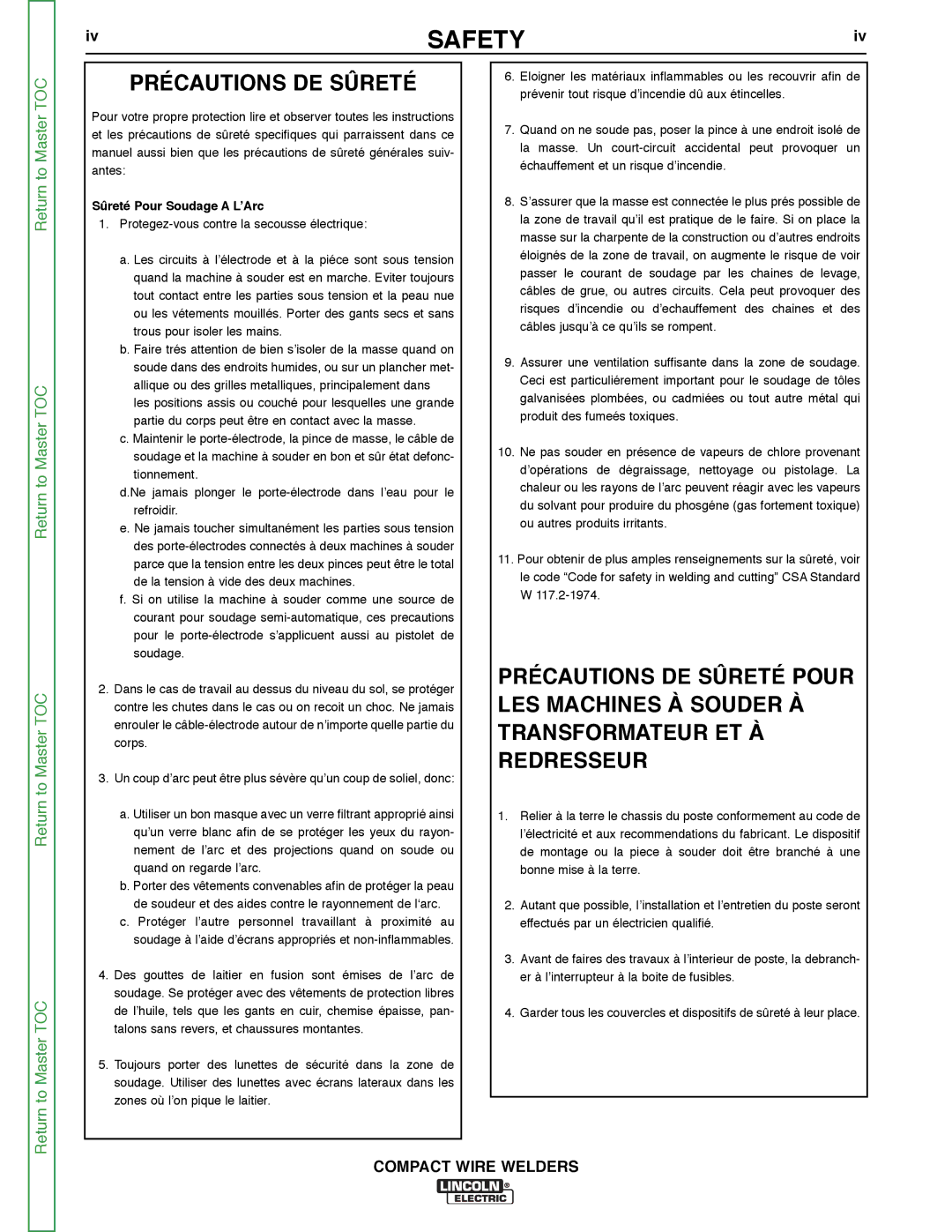 Lincoln Electric SVM189-B service manual Précautions DE Sûreté, Sûreté Pour Soudage a L’Arc 