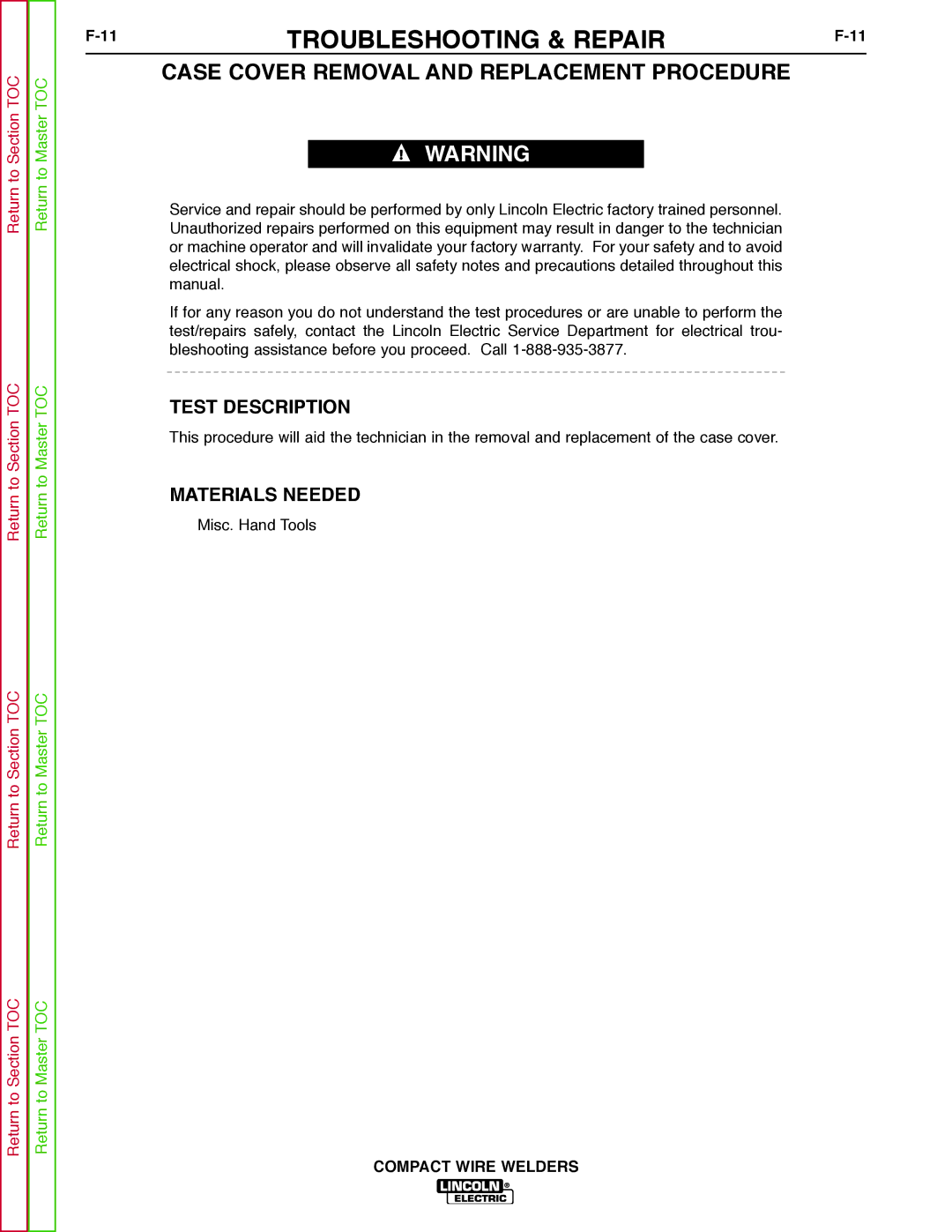 Lincoln Electric SVM189-B service manual Case Cover Removal and Replacement Procedure, Test Description, Materials Needed 