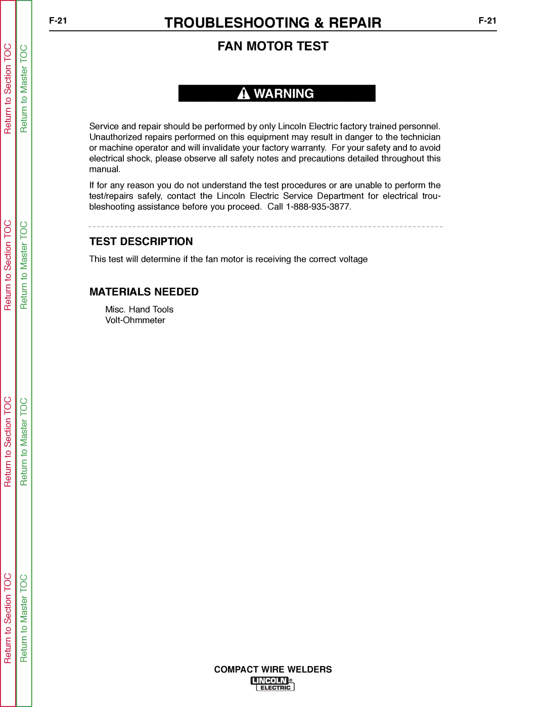 Lincoln Electric SVM189-B service manual FAN Motor Test, Test Description 