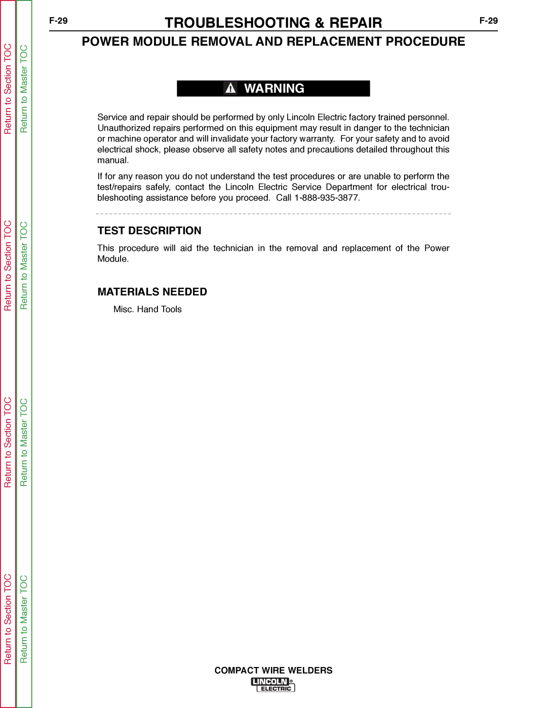 Lincoln Electric SVM189-B service manual Power Module Removal and Replacement Procedure, Test Description 